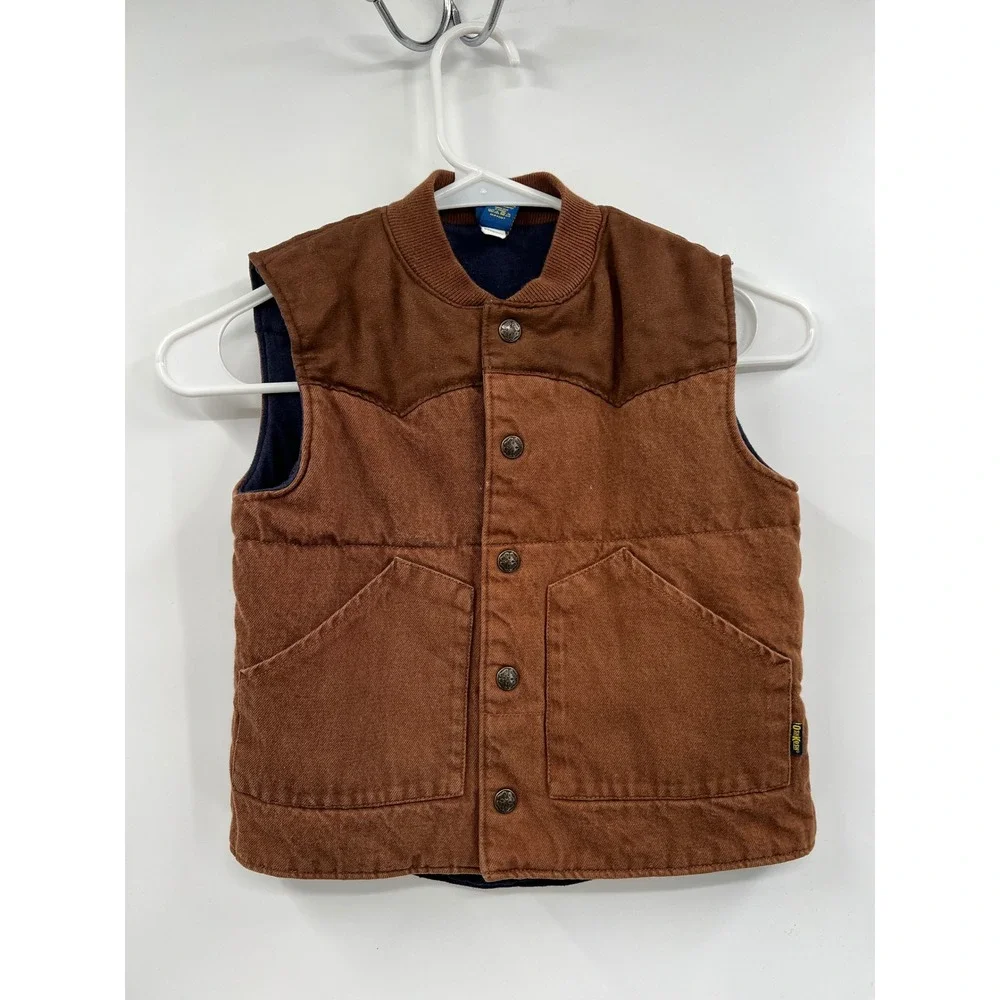 OshKosh 4 Puffer Vest Kids Brown Western Canvas‎ Snap Front Ribbed Collar